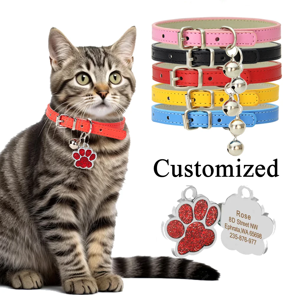 

Pet Collars with Personalized ID Tag Adjustable PU Collar Anti-lost Engraved Address Customized Cat Dog Collars Pet Accessories