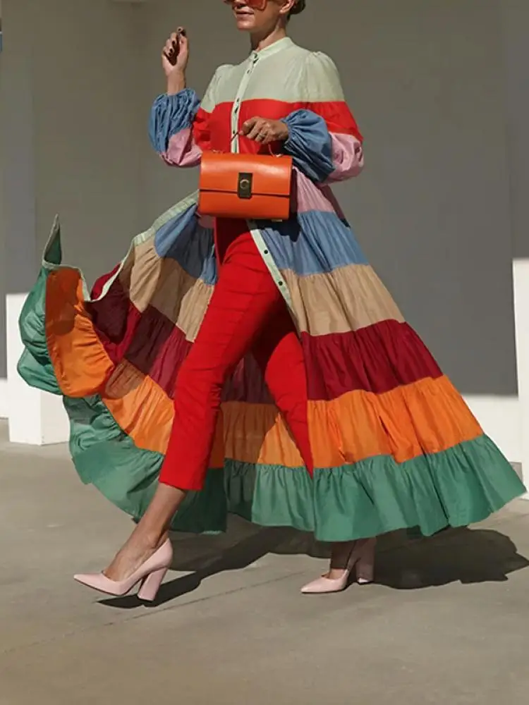 

Стильные плиссированные платья Yeezzi в полоску с длинными рукавами-фонариками, весна-осень 2023, свободные однобортные модели