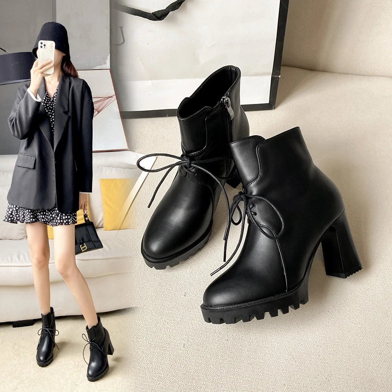 

Women Booties Fashion 8.5cm Female High Heels Autumn Winter Warm Shoes Pointed-toe Ladies Martin Boots Black Womans Short Boots