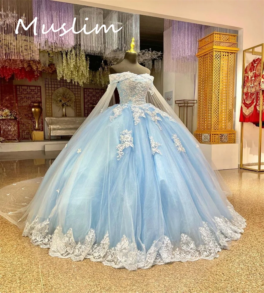 

Gorgeous Blue Quinceanera Dresses With Cape Luxury Flowers Corset Ball Gown Princess Birthday Party Dress Sweet 15 Vestios Gala