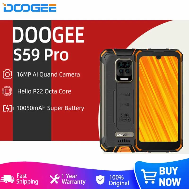 

DOOGEE S59 Pro Smartphone 10050mAh Super Battery IP68/IP69K 4+128GB NFC Rugged Smart Phone 2W Loud Volume Speaker Cellphones