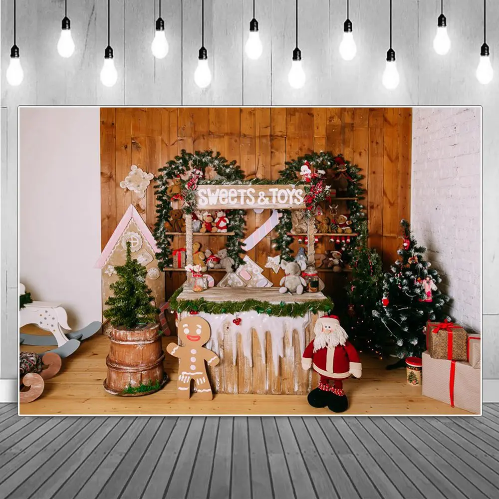 

Baby Sweets & Toys Cart Christmas Decoration Photography Backdrop Wooden Parclose Trees Santa Claus Gifts Box Photo Background