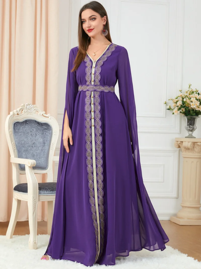 Eid Morocco Party Dress Women Abaya Embroidery Long Sleeve Belted Kaftan Abayas Muslim Dubai Gowns Morocco Evening Vestiods