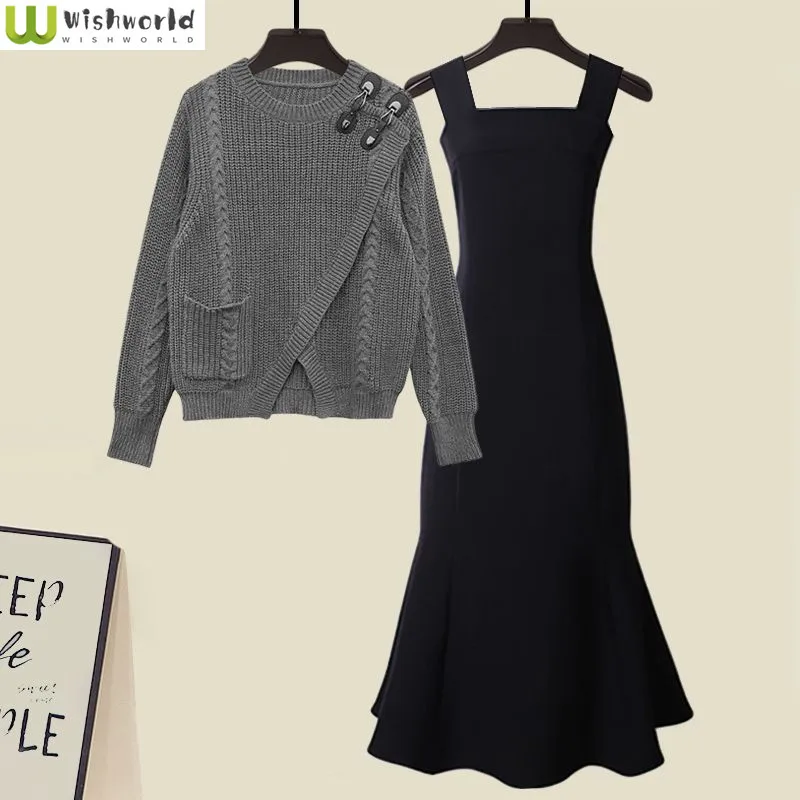 

Pocket Decoration Cross Round Neck Pullover Knit Sweater Slim Sling Dress Two-piece Elegant Women's Party Dress Set Outfit