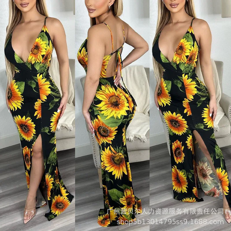 

Women's Dress, Slim Fit Black V Neck Sleeveless Sunflower Lace Up Slit Dress Long 2022 Summer Casual Women's