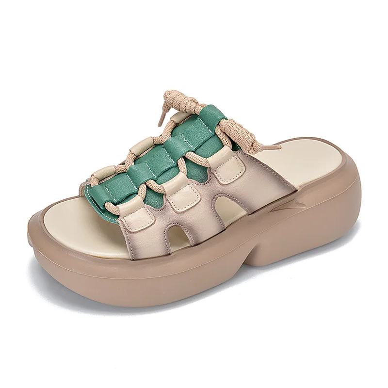

YourSeason Vintage Genuine Leather Flat Women Platform Comfortable Slippers Peep Toe Outside Ladies Retro Slides 2023 Summer