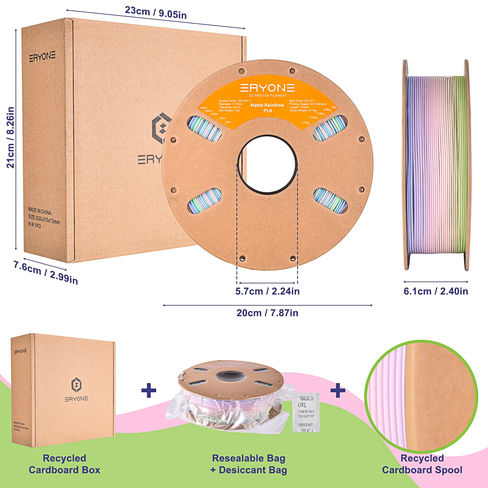 Фото Филамент для 3D-принтера ERYONE 3KG Matte Rainbow PLA 1.75 мм, премиум-класс, матовая градиентная многоцветная отделка, без бликов, рулон 1 кг, выгодный набор №2