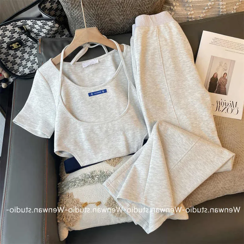 

Новинка лета 2022, модный сексуальный бандажный комплект из двух предметов, облегающий Топ без рукавов и брюки с широкими штанинами и высокой ...