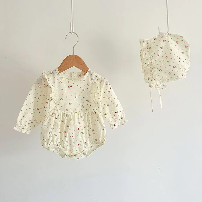 

Newborn Baby Girls Bodysuits+Hat Floral Print Cotton Long Sleeve Infant Baby Girls Jumpsuit Autumn Spring Baby Girls Clothing