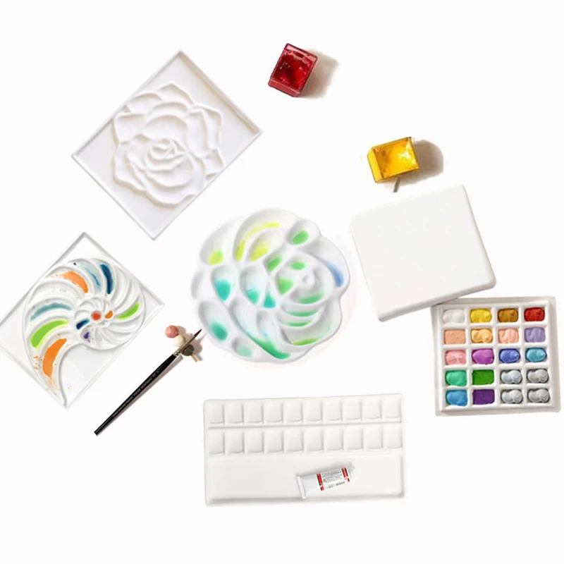 

Flower Plum Rectangle Ceramic Palette Color Mixing Paint Palette Tray for Watercolor Gouache Acrylic Painting Art Supplies