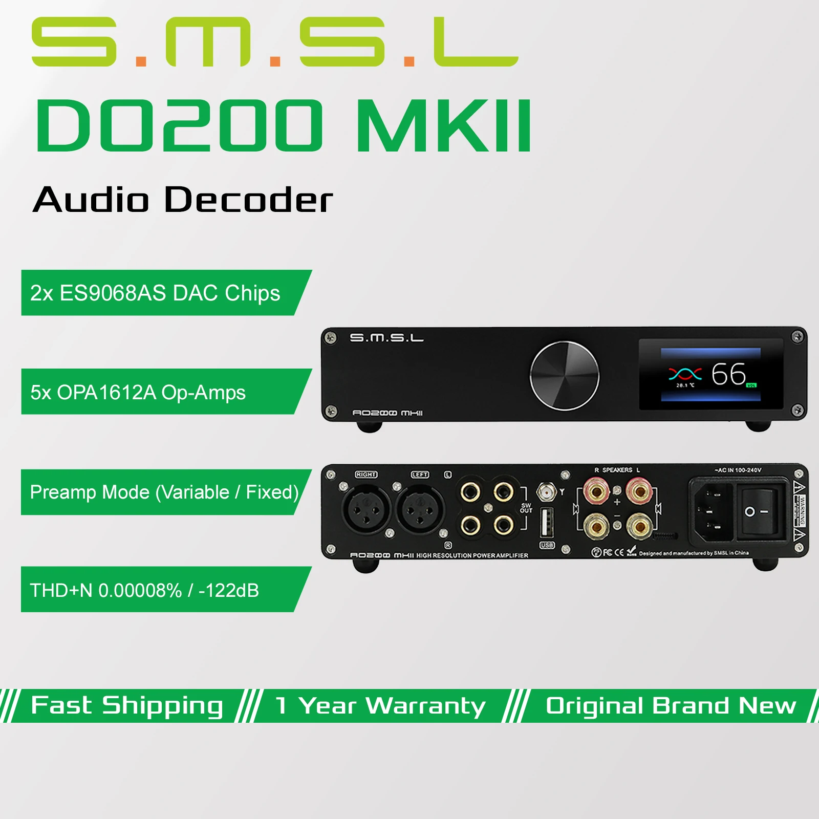 Фото Аудиодекодер SMSL DO200 MKII с 2-мя чипами ЦАП ES9068AS, XU316, USB, оптическим, коаксиальным, AES/EBU, I²S, Bluetooth входом и пультом дистанционного управления №1