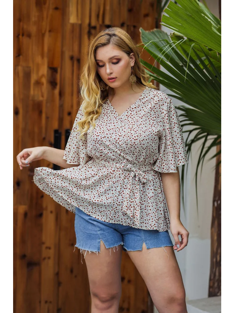 New Fashion Short Sleeve Small Fresh Shirt Women's Dot V-Neck Polka Dot Large Top plus size feminino  t-shirts