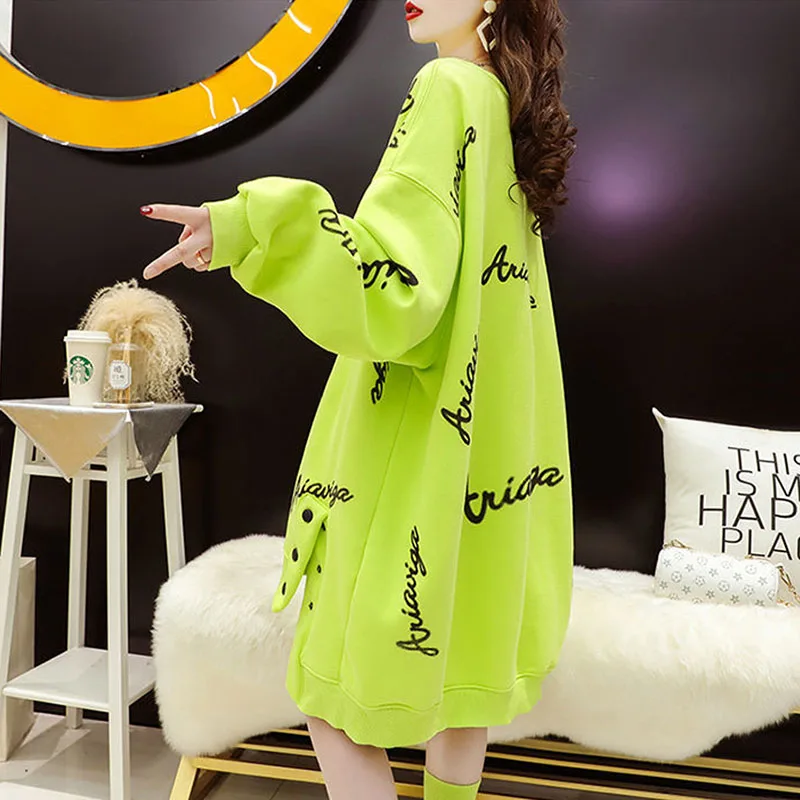 

Korean Version Loose Long Round Collar Letter Print Hoodie Female Irregular Cartoon Monster Lovely Guard Dress Roupas Femininas
