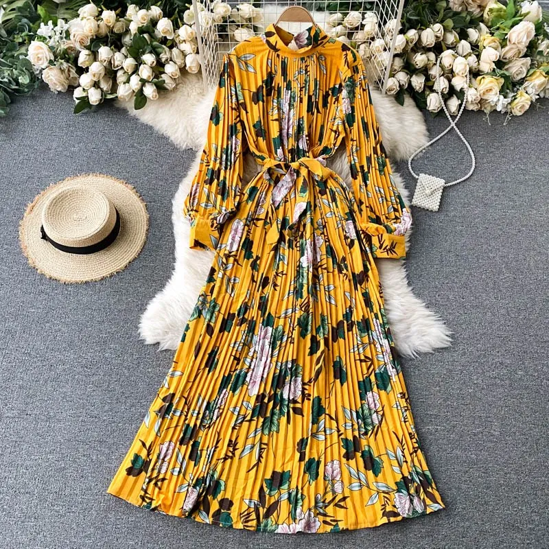 

2023 New Spring Retro Print Pleated Long Maxi Dresses Vestidos Female Elegant Stand-up Collar Puff Sleeve Slim Holiday Dress