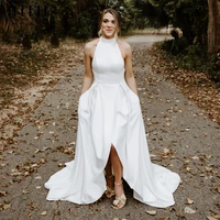 halter soft satin high split wedding dresses zipper custom made off the white sleeveless open back simple bridal gowns