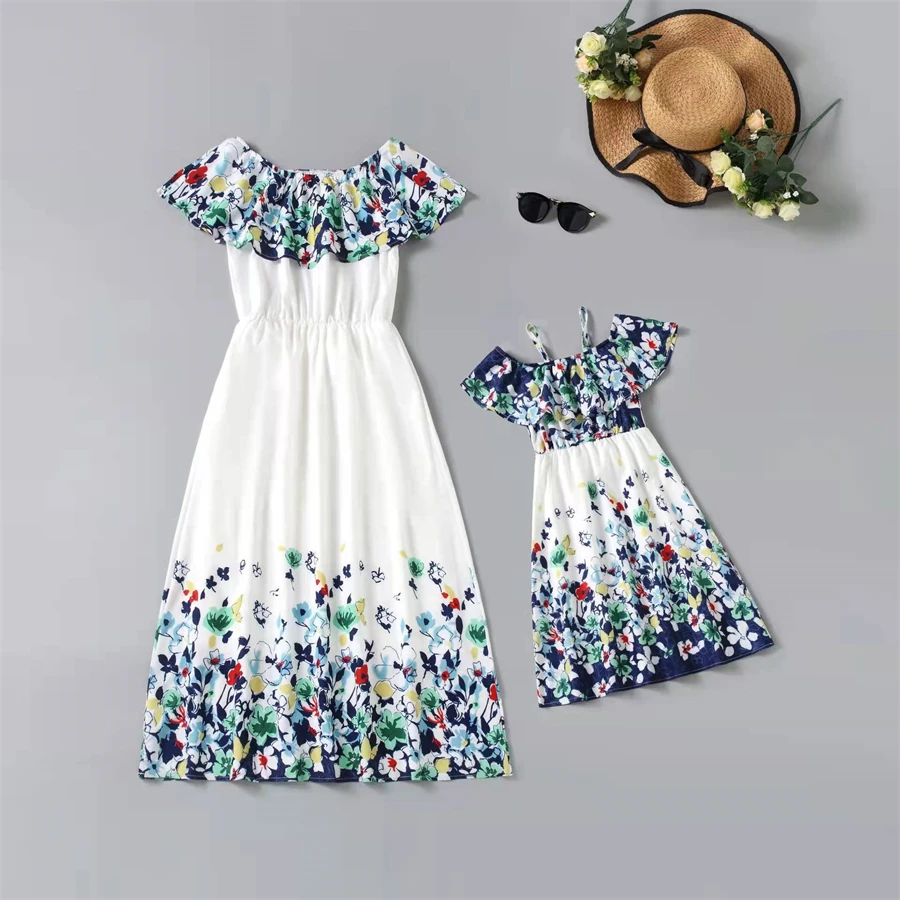 

Family Set Flower Mommy and Me Dresses Shoulderless Mother Daughter Matching Clothes Outfits Fashion Woman Girls Boat-Neck Dress