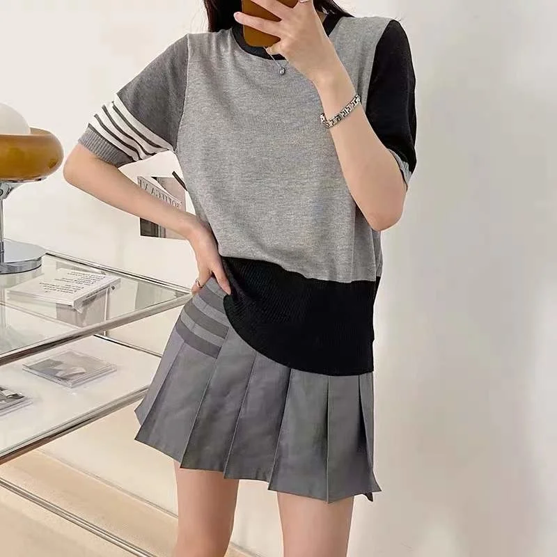 

TB THOM T-Shirt Summer Korean Design Clothing 4-Bar Patchwork Knitting Women Casual Slim O-Neck Short Sleeve Sweatshirt