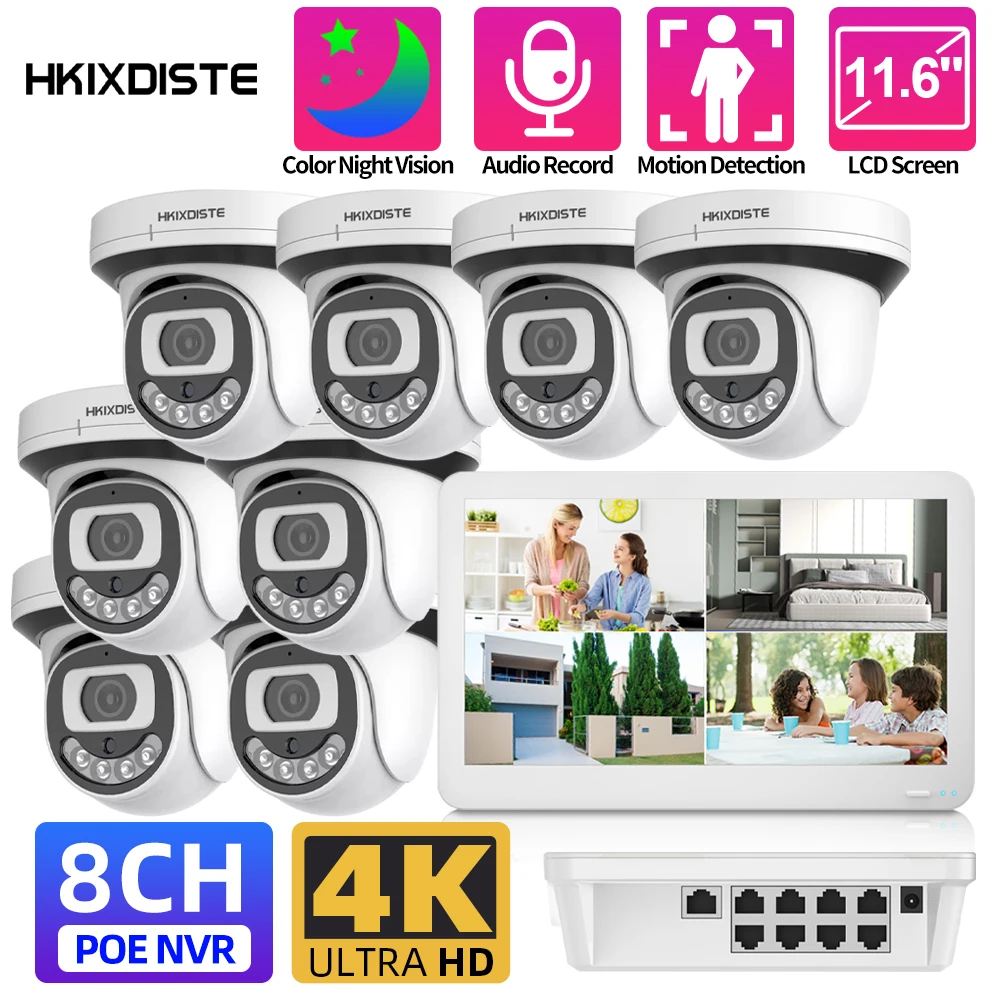 

4K 8CH LCD Screen POE NVR Kit Built in Mic Home Security Camera System 8MP Full Color IP Dome Camera Video Surveillance System