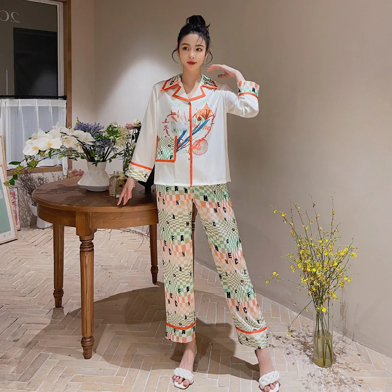 Ice Silk Pajamas Suit for Women 2023 Spring and Autumn New Long-Sleeved Trousers Comfortable Letter Cardigan Casual Outdoor Home