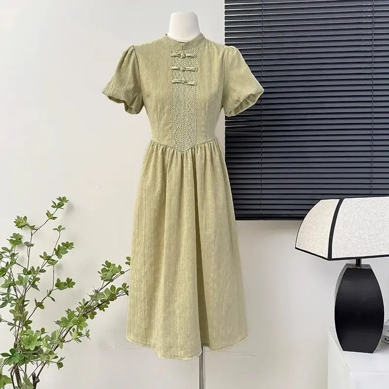 Новое китайское платье Minty Wave летний новый стиль на пуговицах с пышными рукавами