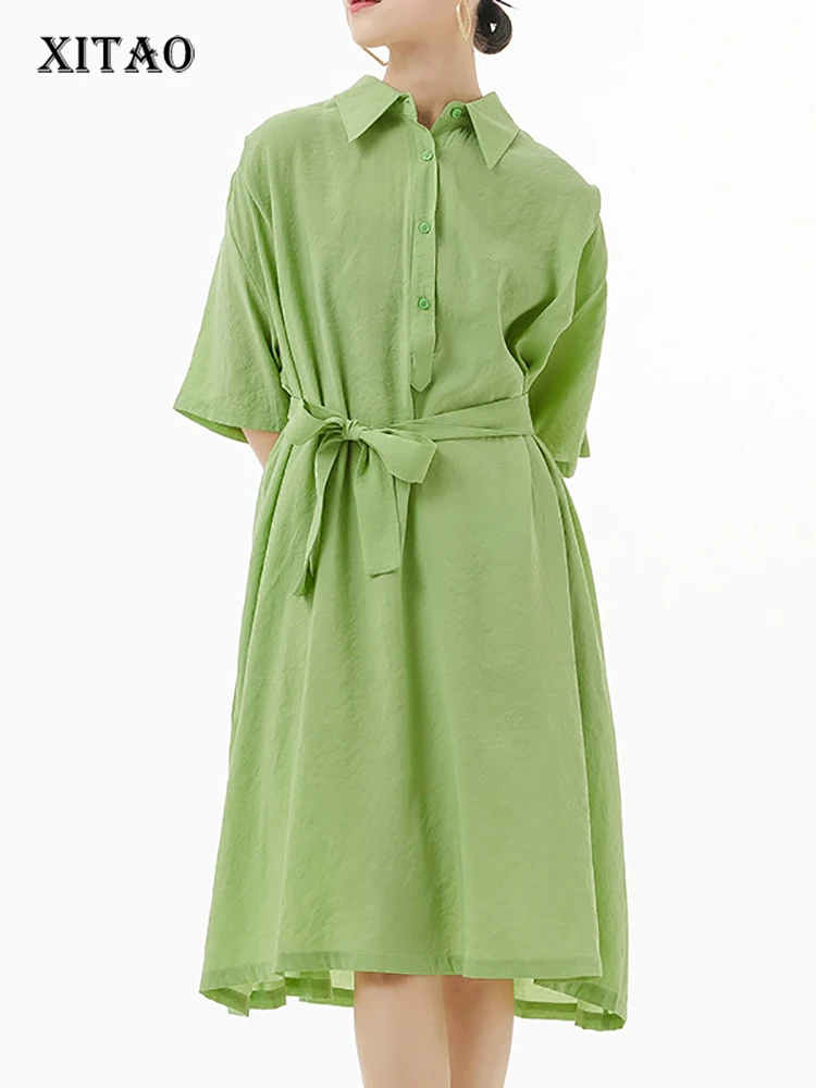 

XITAO Casual Bandage Shirt Dress Solid Color Loose Fashion Simplicity Temperament French Skirt 2022 Summer New Women WMD6671
