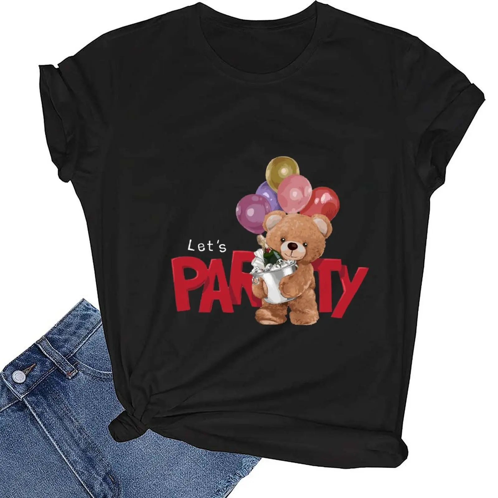 

Summer Harajuku Cotton Clothes For Unisex Let's PARTY Letter Cartoon Bear Printed Couple Tops Топ Женский S-3XL Aesthet Tees For