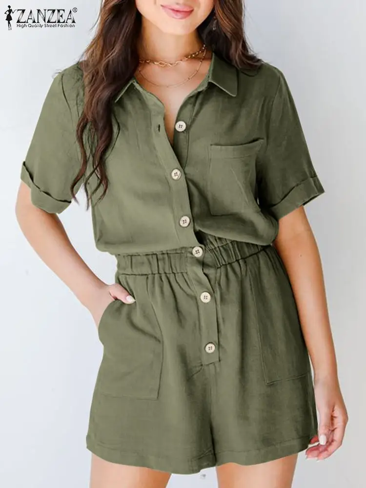 

ZANZEA Summer Jumpsuits Stylish Women Lapel Neck Short Sleeve Rompers Casual Elegant Work Overalls Solid Elastic Waist Playsuits