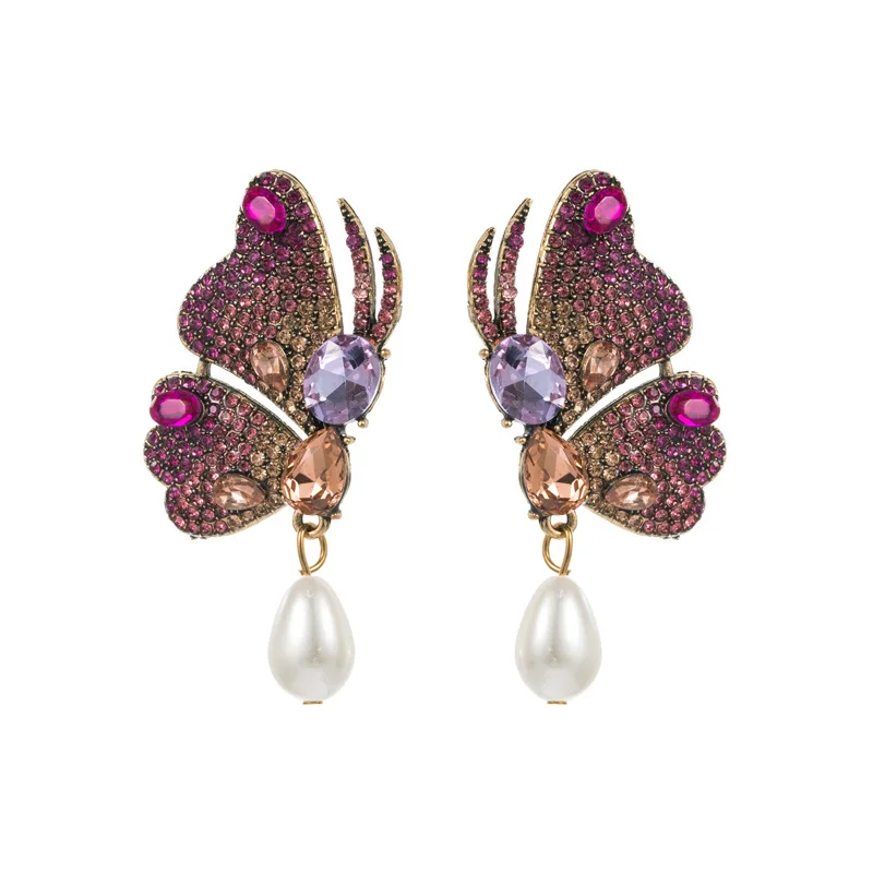 

Fashion Imitation Pearl Earrings for Women Fuchsia Rhinestone Butterfly Earrings Jewelry Gift