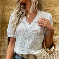 2022 summer fashion women blouse office lady elegant top lace spliced hollow solid shirt v neck puff sleeve leisure blouse