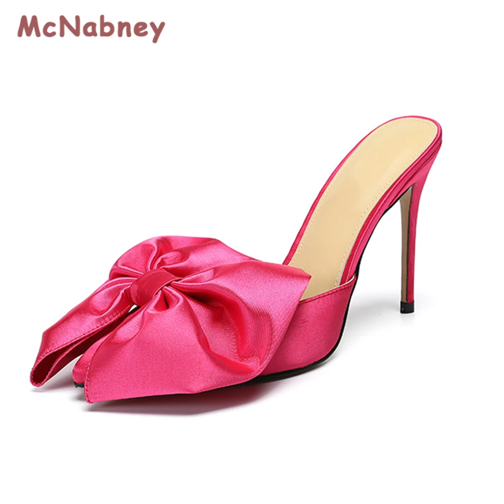 Women Summer New Pointed Toe Bow-Knot Slippers Fashion Thin High Heels Sandals Female Sexy Casual Outdoor Slides Shoes