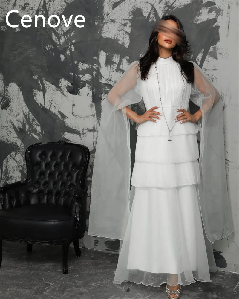 

Cenove White A-Line High Neckline Prom Dress Lace Long Sleeves With Ankle Length Evening Summer Elegant Party Dress For Women