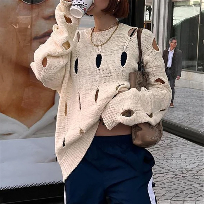 

Women's Hole Pullovers Sweater Long Sleeve Solid Color Hollow Out Knit Shirts Aesthetic Y2k Blouse Vintage Streetwear