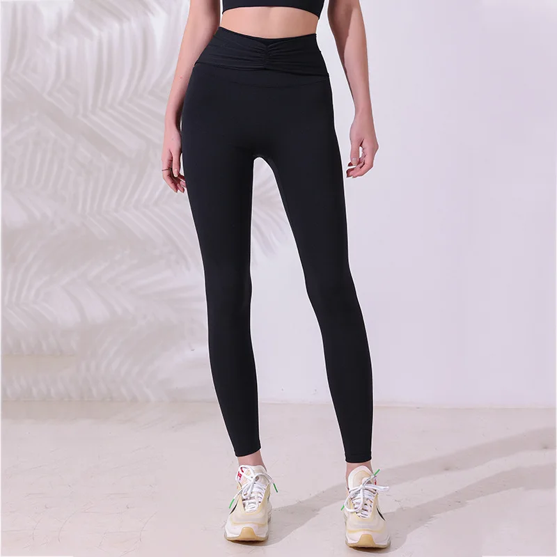 Women Sport Leggings High Waist Yoga Pants Hip-Lifting Pleated Pant Quick Dry Running Trousers Elastic Gym Fitness Tights Female