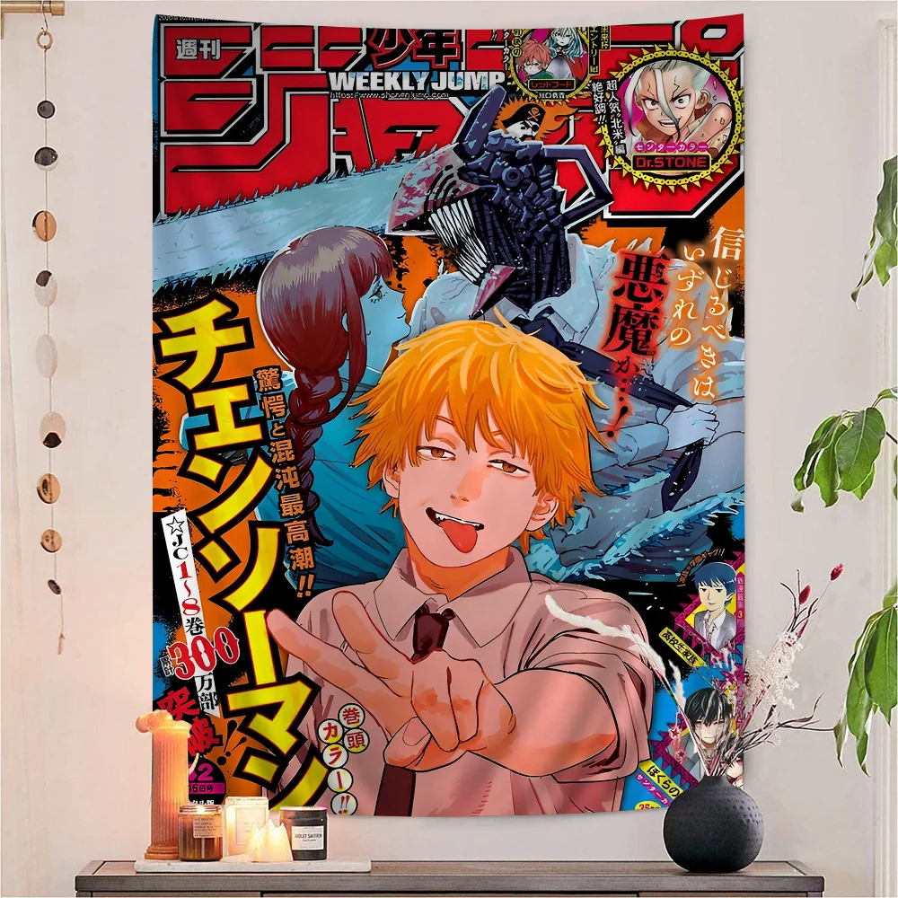 Большой настенный гобелен в стиле аниме Человек с бензопилой современный