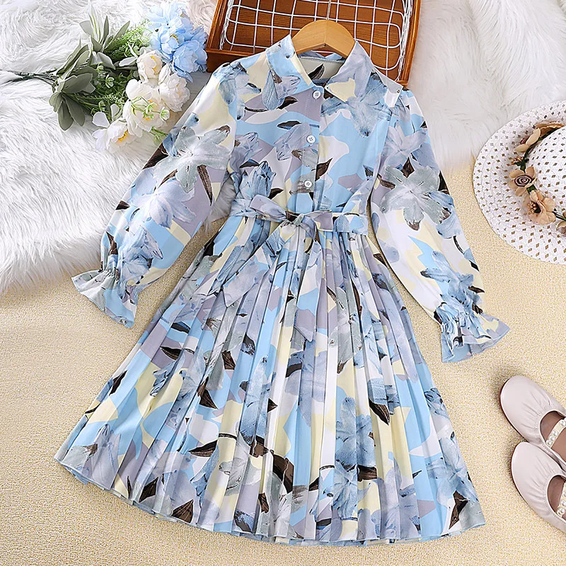 

Kids Casual Dress for Girls Clothes Spring Autumn New Children Floral Print Long Sleeve Princess Pleat Dress 7 8 9 10 11 12 Year