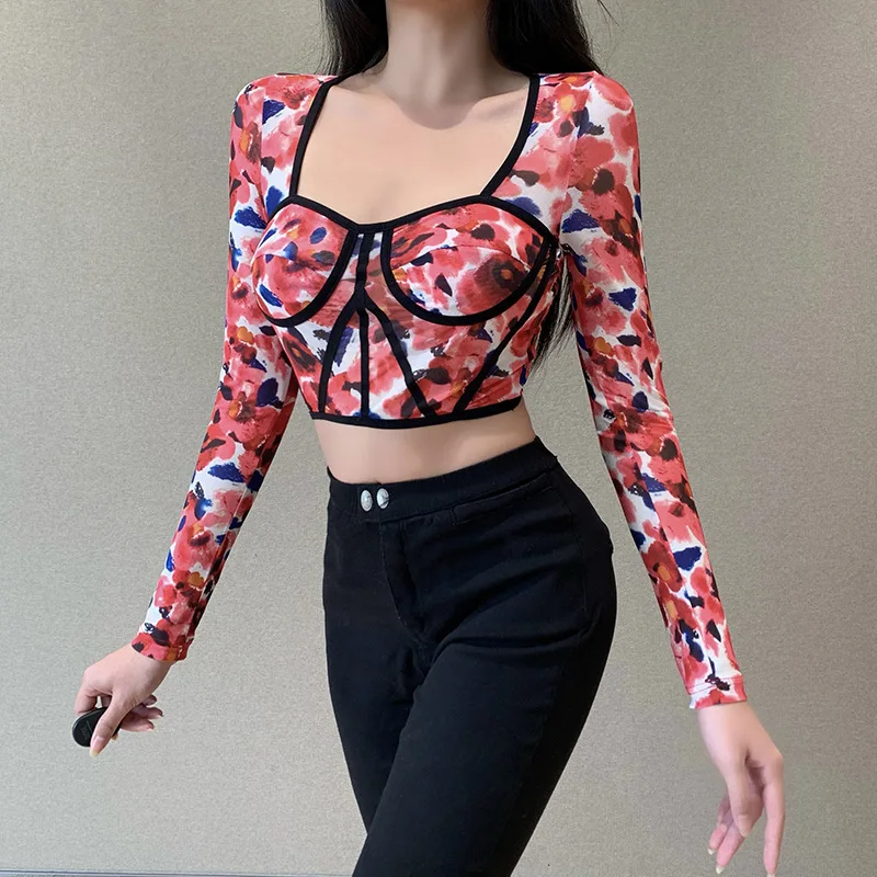 

Women Floral Print Square Neck Short Top Ladies Spring Clothes Personalized Slim Show Chest Short Long Sleeve T-shirt Clothes