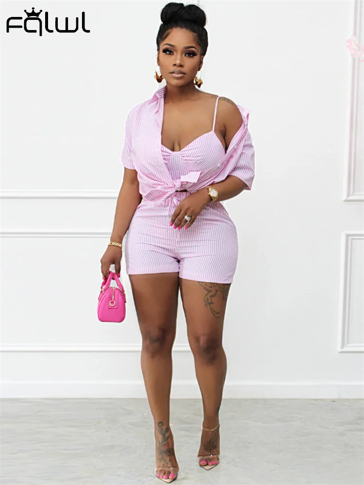 

FQLWL летние полосатые 3 комплекта из трех предметов женский 2022 розовый тонкий топ на бретелях и шорты женские комплекты