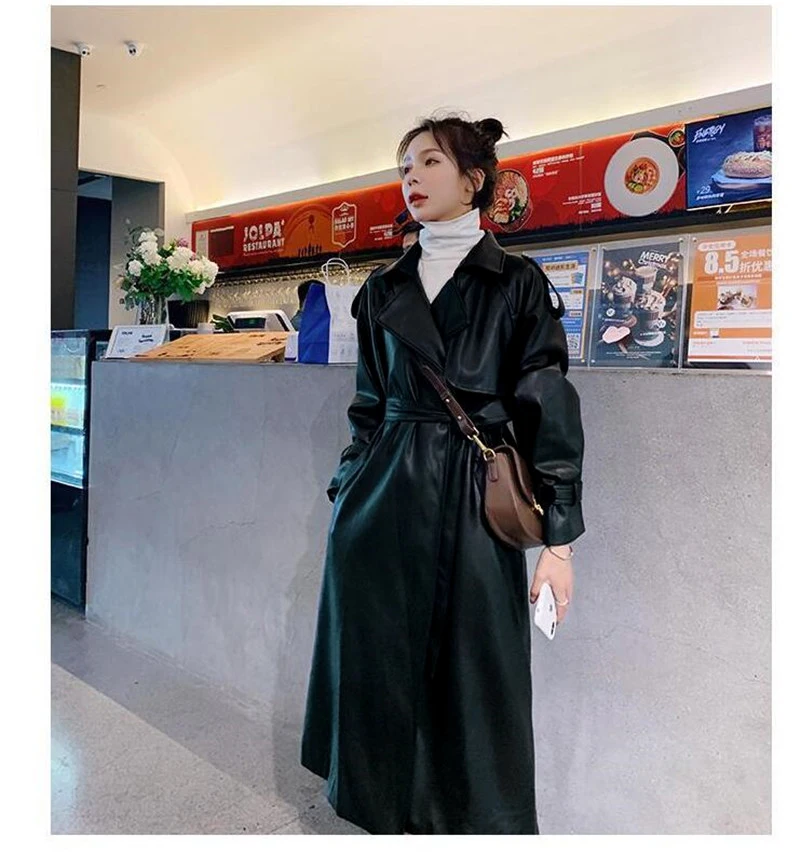 

Spring Black Oversized Long Waterproof Leather Trench Coat for Women 2022 Long Sleeve Loose Korean Fashion Clothing