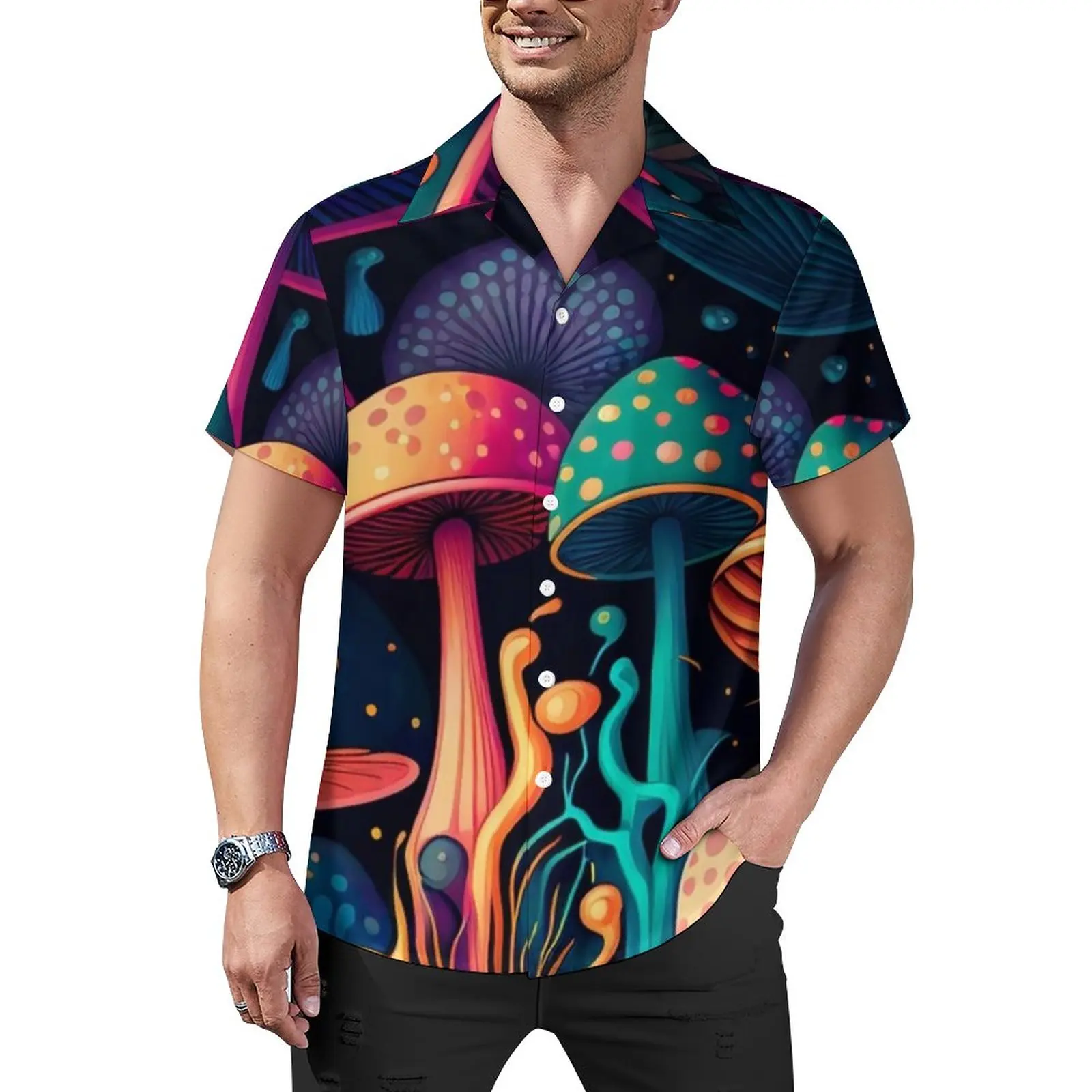 

Magic Mushroom Loose Shirt Male Beach Cute Mushrooms Print Casual Shirts Hawaiian Short Sleeve Street Style Oversized Blouses