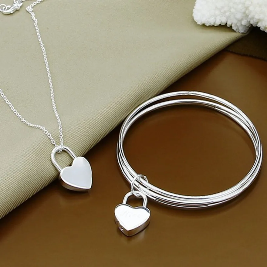 

hot sale 925 sterling silver Charms heart Necklace Bangle 6.5cm jewelry sets cute for lover women wedding fashion jewelry set