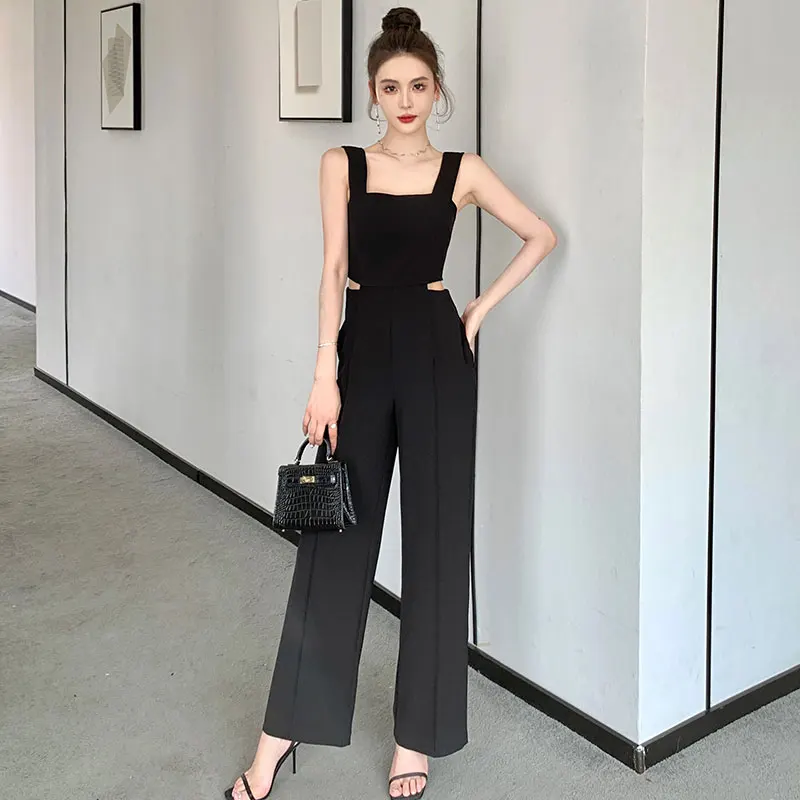 

Korean Fashion Sling Jumpsuits Women Summer Sexy Hollow Out Waist Loose High Waist Wide Leg Pants Rompers Casual Strap Overalls