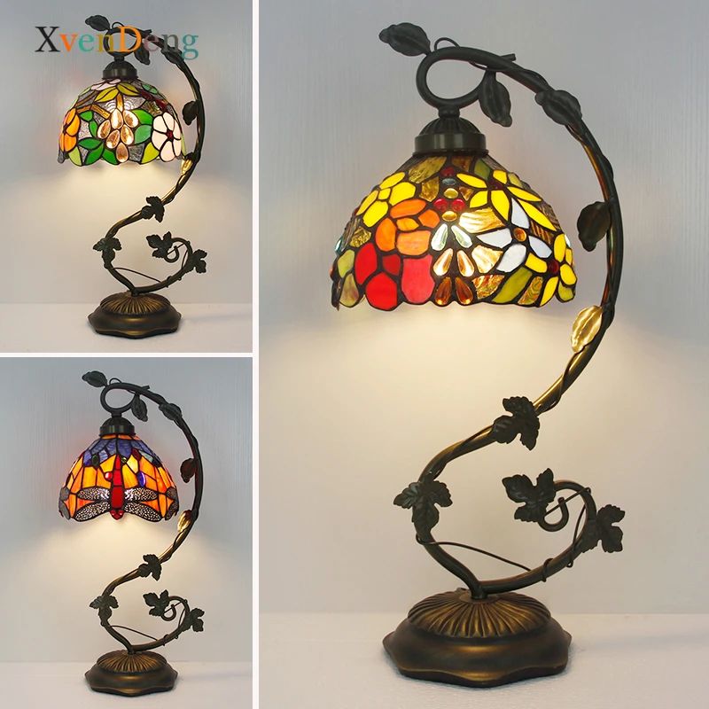 

Настольные лампы Тиффани из витражного стекла для спальни, прикроватная лампа в стиле ретро, средиземноморского барокко, настольная лампа, ...