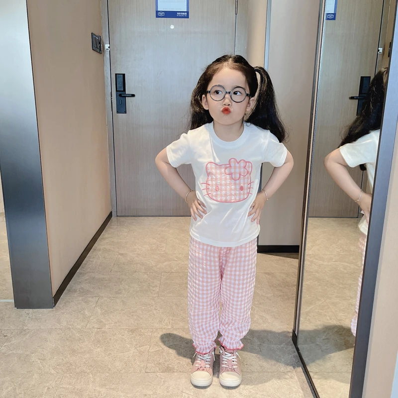 

Kawaii Anime Sanrio Hellokittys Summer New Children's Short-Sleeved Trousers Suit Cartoon Cute Cotton T-Shirt Home Service 2023