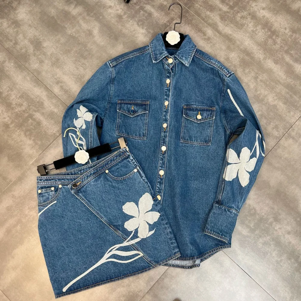 2022 New Autumn Flower Pattern Shirt Two piece Women's Denim Set