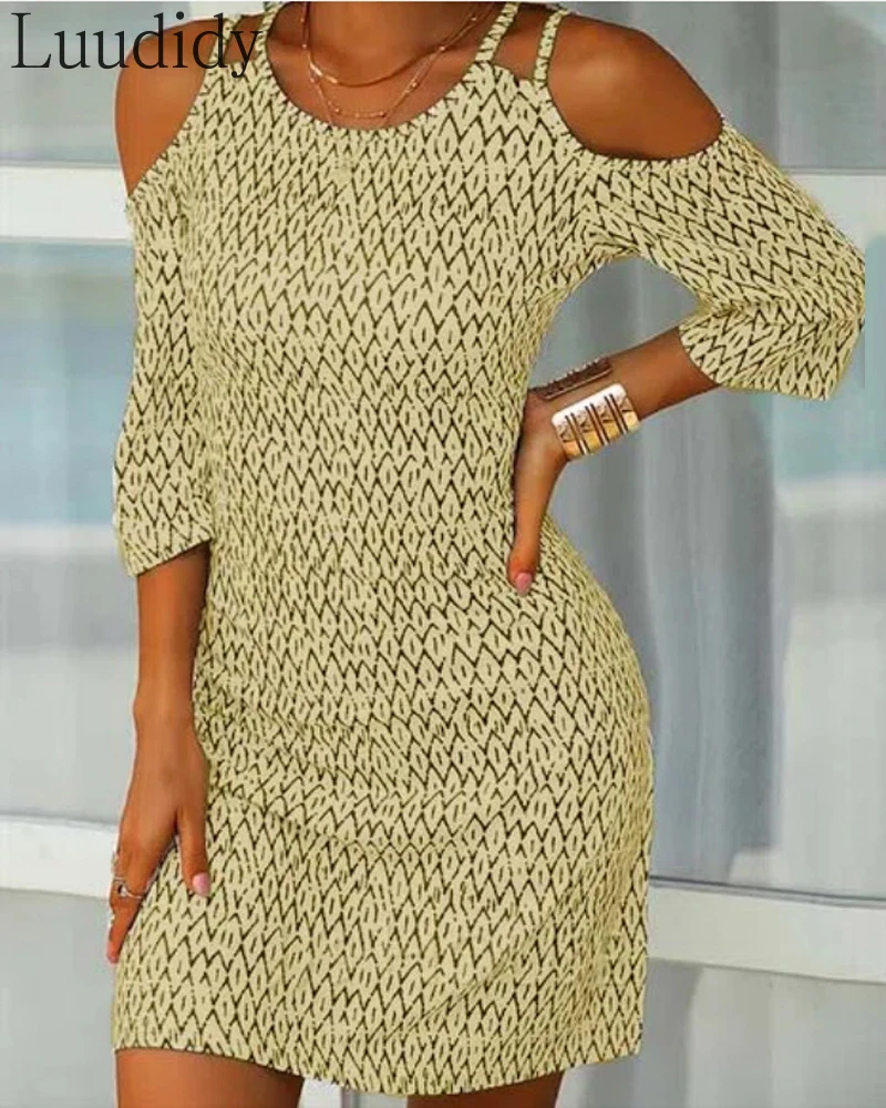 

Women Summer Print Cold Shoulder Pocket Design Casual Dress