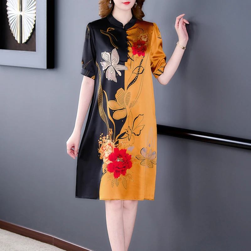 Женское платье-миди из натурального шелка элегантное офисное платье с цветочным