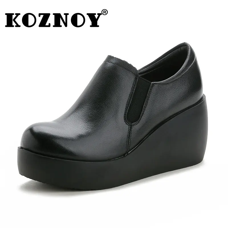 

Koznoy 7.5cm Ethnic Manual Genuine Leather Platform Wedge Summer Women Round Toe Leisure Slip on Mules Females Moccasine Shoes