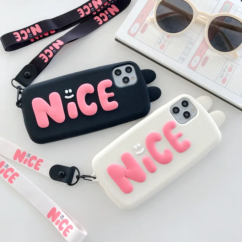 Cute Cartoon Case For iPhone 13 11 Promax 12 Mini Pro Xr Xs Max X 7 8 Plus Rabbit Lanyard Protective Cover Cases Sleeve Decor