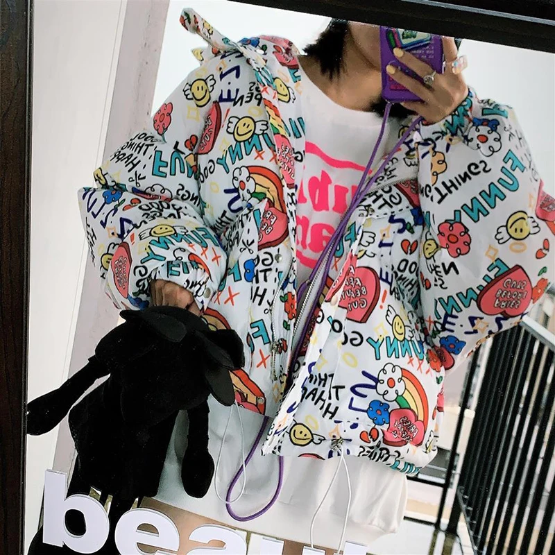 New Women's Puffy Jacket Graffiti Loose Bubble Jacket Thick Warm Hooded White Duck Down Bread Jacket Women Winter Jacket Women
