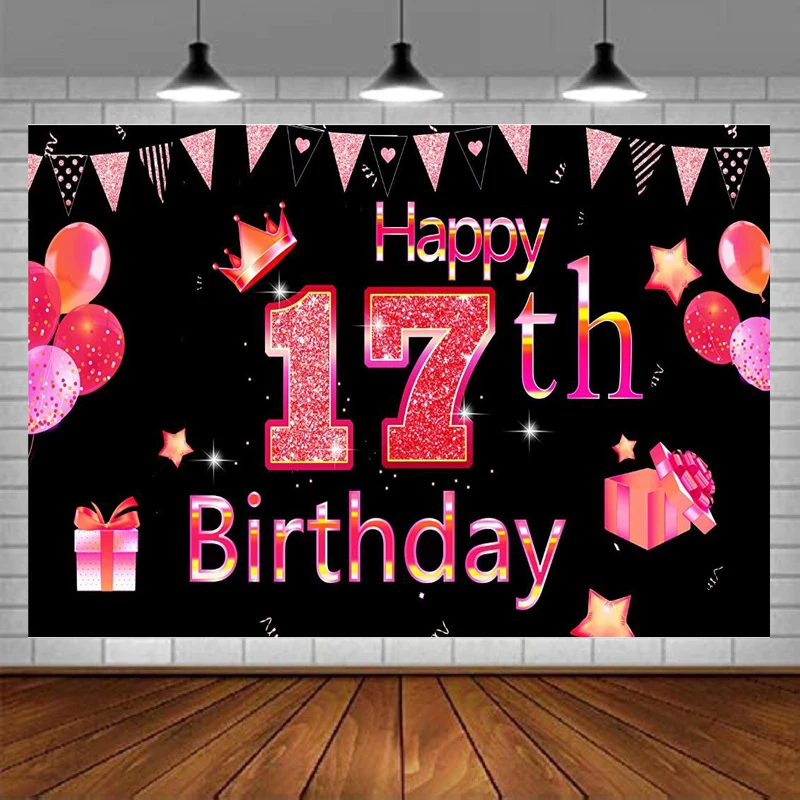 

Photography Backdrop Rose Gold Sign Balloon Poster For 17th Birthday Photo Booth Background Party Decoration Banner Supplies